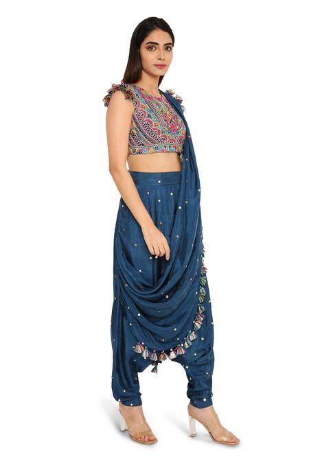 Payal Singhal Blue Silk Geometric Round Dhoti Saree With Blouse Online at Aza Fashions Payal Singhal_Blue Silk Geometric Round Dhoti Saree With Blouse _Online_at_Aza_Fashions