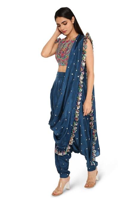 Buy Payal Singhal Blue Silk Geometric Round Dhoti Saree With Blouse Online at Aza Fashions Buy_Payal Singhal_Blue Silk Geometric Round Dhoti Saree With Blouse _Online_at_Aza_Fashions