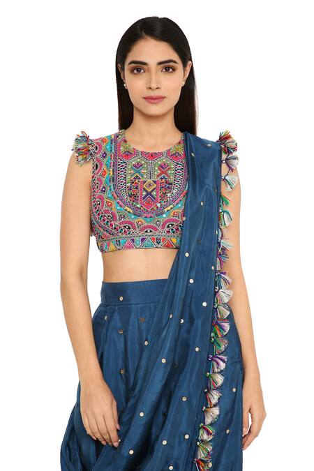 Shop Payal Singhal Blue Silk Geometric Round Dhoti Saree With Blouse Online at Aza Fashions Shop_Payal Singhal_Blue Silk Geometric Round Dhoti Saree With Blouse _Online_at_Aza_Fashions