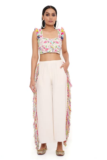 Shop Payal Singhal Grey Georgette Embroidery Thread Scoop Neck Rene Bustier And Culottes Set Shop_Payal Singhal_Grey Georgette Embroidery Thread Scoop Neck Rene Bustier And Culottes Set