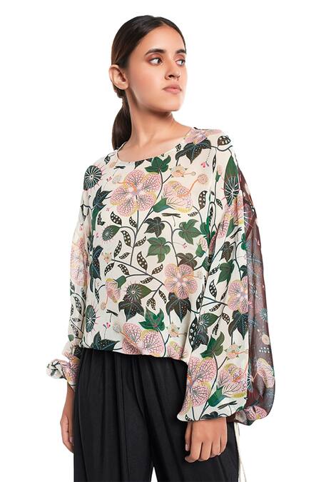 PS Pret By Payal Singhal_White Art Georgette Abutilon Prints Round Top_Online_at_Aza_Fashions