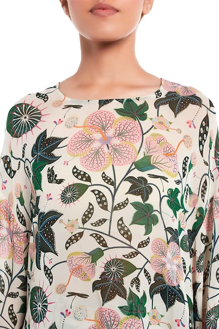 Buy_PS Pret By Payal Singhal_White Art Georgette Abutilon Prints Round Top_Online_at_Aza_Fashions