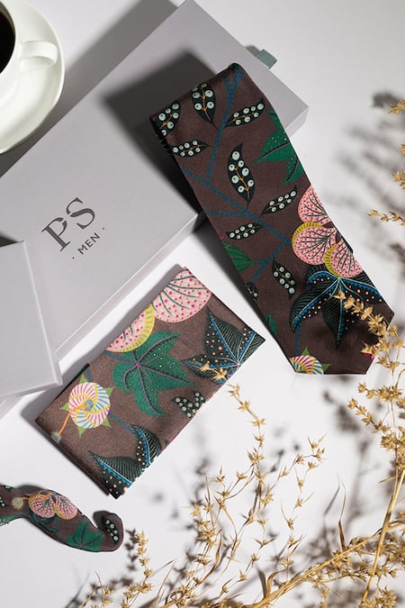 Shop Payal Singhal Accessories Brown Printed Abutilon Tie Moustache Pin And Pocket Square Set Of 3 at Aza Fashions Shop_Payal Singhal Accessories_Brown Printed Abutilon Tie Moustache Pin And Pocket Square Set Of 3_at_Aza_Fashions