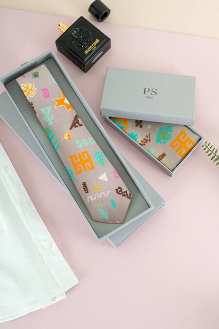 Shop_Payal Singhal Accessories_Purple Printed Bandhani Kilim Tie And Pocket Square Set Of 2_at_Aza_Fashions