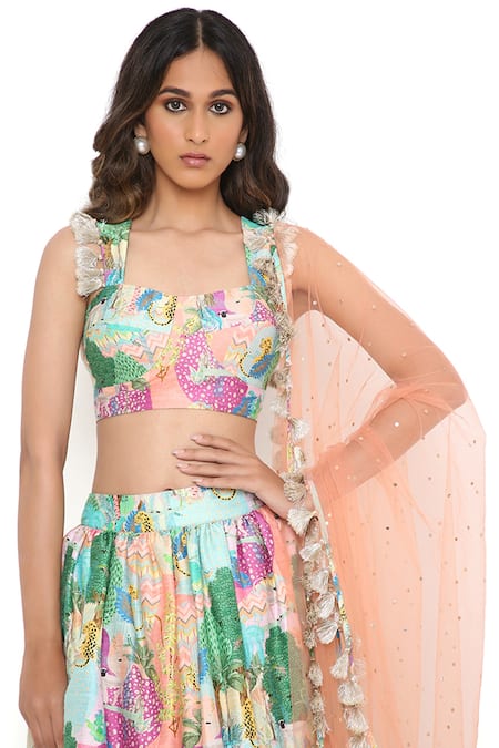 Shop_Payal Singhal_Peach Dupion Silk, Dupatta Net Kuno Square Neck Print Ruffle Lehenga Set _Online_at_Aza_Fashions