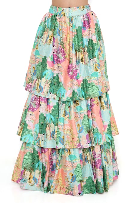 Payal Singhal_Peach Dupion Silk, Dupatta Net Kuno Square Neck Print Ruffle Lehenga Set _at_Aza_Fashions