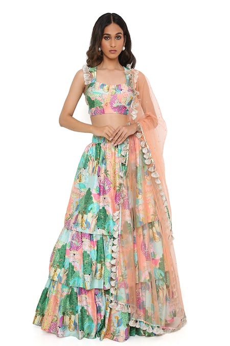 Payal Singhal_Peach Dupion Silk, Dupatta Net Kuno Square Neck Print Ruffle Lehenga Set _Online_at_Aza_Fashions