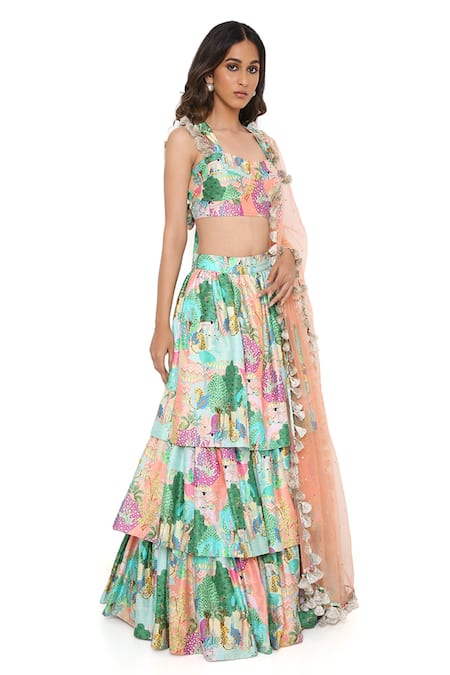 Buy_Payal Singhal_Peach Dupion Silk, Dupatta Net Kuno Square Neck Print Ruffle Lehenga Set _Online_at_Aza_Fashions