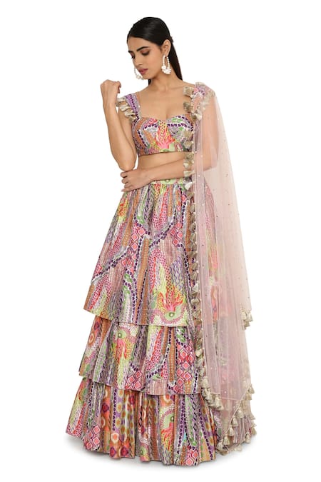 Buy_Payal Singhal_Multi Color Dupion Silk African Sweetheart Neck Print Layered Lehenga Set _Online_at_Aza_Fashions