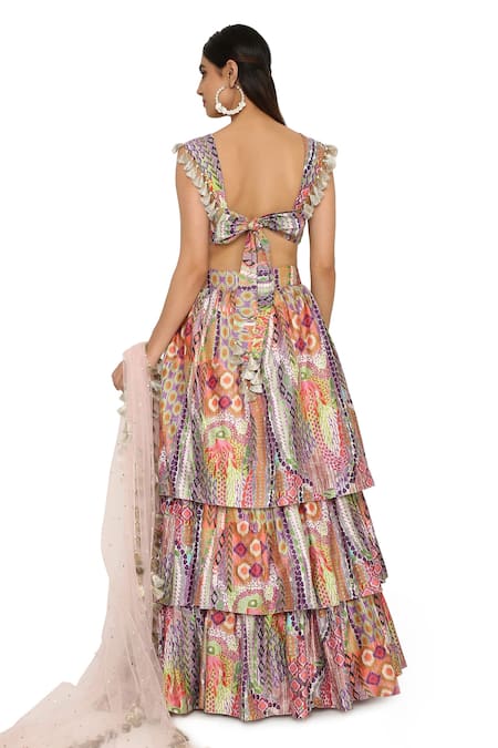 Payal Singhal_Multi Color Dupion Silk African Sweetheart Neck Print Layered Lehenga Set _Online_at_Aza_Fashions