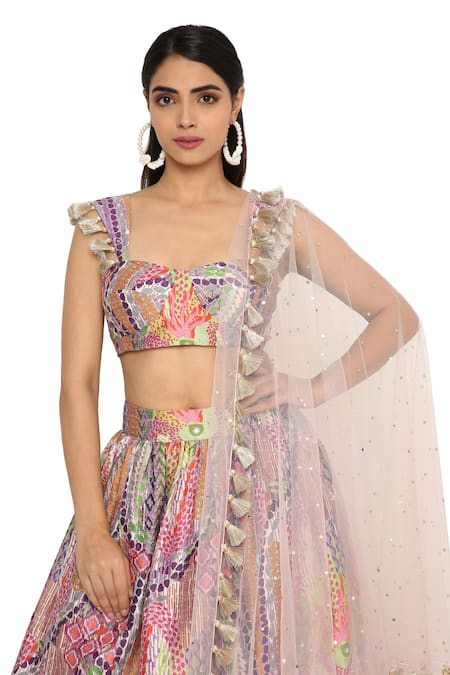 Shop_Payal Singhal_Multi Color Dupion Silk African Sweetheart Neck Print Layered Lehenga Set _Online_at_Aza_Fashions