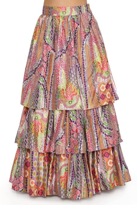 Payal Singhal_Multi Color Dupion Silk African Sweetheart Neck Print Layered Lehenga Set _at_Aza_Fashions