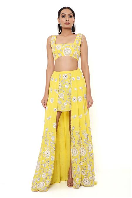Buy_Payal Singhal_Yellow Georgette And Net Embroidery Thread & Mirror Straight Sarah Skirt Set _Online_at_Aza_Fashions