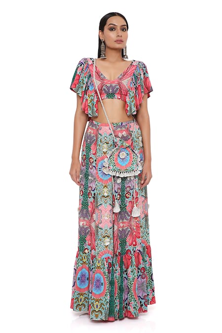 Buy_Payal Singhal_Red Crepe And Embroidery Enchanted Blunt V Noelle Top & Skirt Set _Online_at_Aza_Fashions