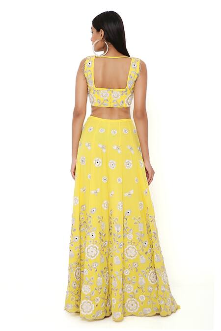 Payal Singhal_Yellow Georgette And Net Embroidery Thread & Mirror Straight Sarah Skirt Set _at_Aza_Fashions