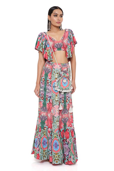 Buy_Payal Singhal_Red Crepe And Embroidery Enchanted Blunt V Noelle Top & Skirt Set 