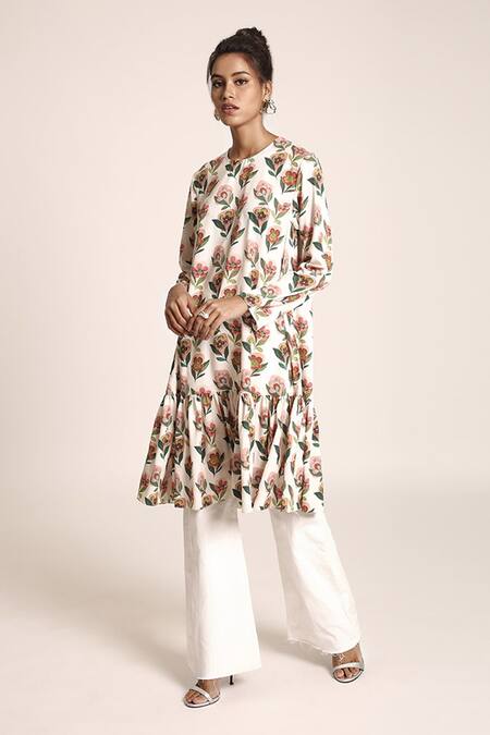 PS Pret By Payal Singhal_Beige Art Crepe Printed Retro Floral Motifs Round Tunic_Online_at_Aza_Fashions