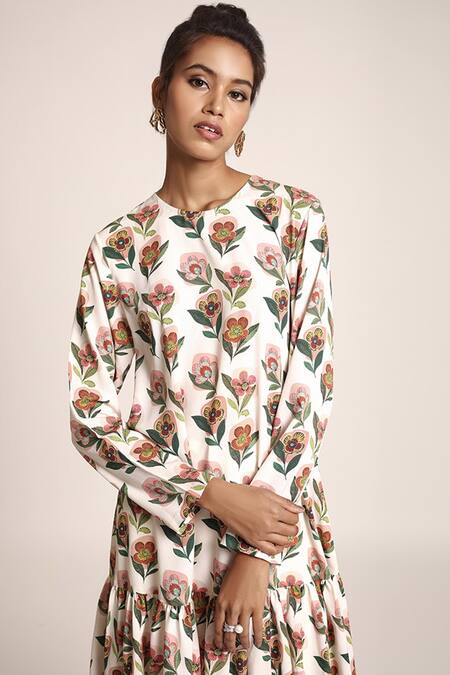 Buy_PS Pret By Payal Singhal_Beige Art Crepe Printed Retro Floral Motifs Round Tunic_Online_at_Aza_Fashions