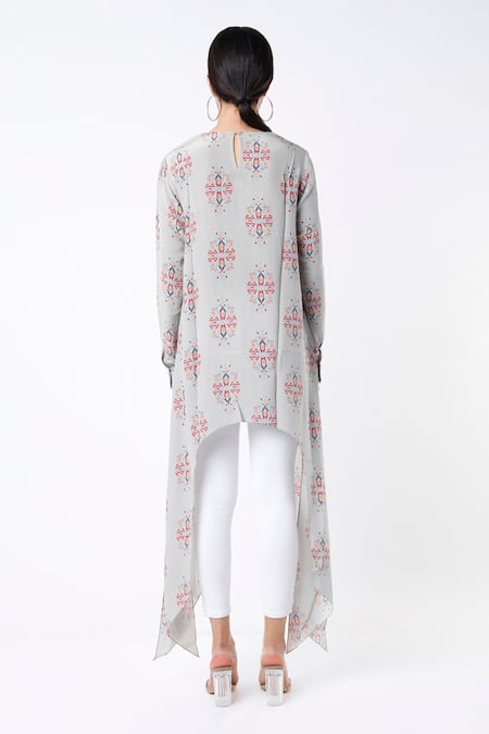 Shop PS Pret By Payal Singhal Grey Crepe Ikat Buti Round Tunic at Aza Fashions Shop_PS Pret By Payal Singhal_Grey Crepe Ikat Buti Round Tunic_at_Aza_Fashions