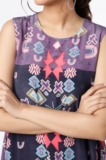 PS Pret By Payal Singhal_Purple Crepe Ikat Star Round Asymmetrical Tunic _Online_at_Aza_Fashions