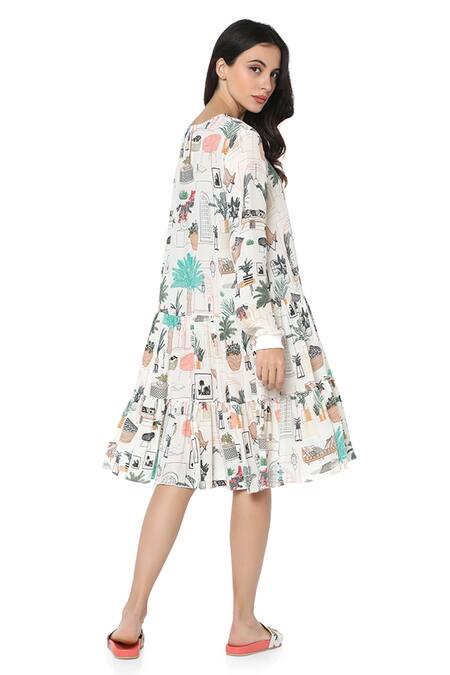 Buy_PS Pret By Payal Singhal_White Crepe Morocco Prints Round Frill Dress _Online_at_Aza_Fashions