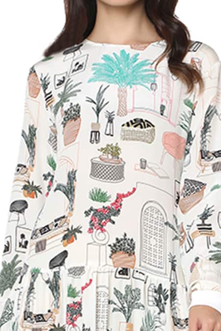 Shop_PS Pret By Payal Singhal_White Crepe Morocco Prints Round Frill Dress _Online_at_Aza_Fashions