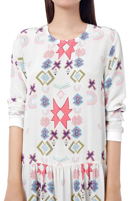 Buy PS Pret By Payal Singhal White Crepe Ikat Star Prints Round Frill Dress Online at Aza Fashions Buy_PS Pret By Payal Singhal_White Crepe Ikat Star Prints Round Frill Dress _Online_at_Aza_Fashions