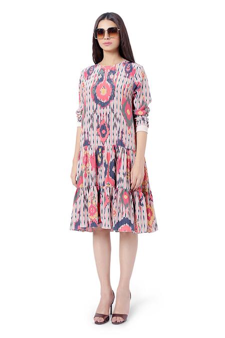 PS Pret By Payal Singhal Red Crepe Ikat Tribe Prints Round Frill Dress Online at Aza Fashions PS Pret By Payal Singhal_Red Crepe Ikat Tribe Prints Round Frill Dress _Online_at_Aza_Fashions