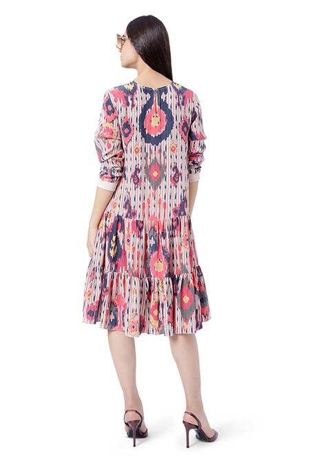 Buy PS Pret By Payal Singhal Red Crepe Ikat Tribe Prints Round Frill Dress Online at Aza Fashions Buy_PS Pret By Payal Singhal_Red Crepe Ikat Tribe Prints Round Frill Dress _Online_at_Aza_Fashions