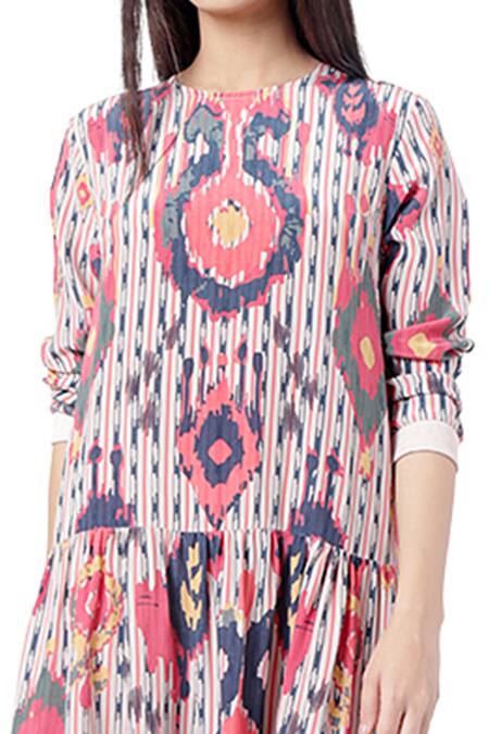 Shop PS Pret By Payal Singhal Red Crepe Ikat Tribe Prints Round Frill Dress Online at Aza Fashions Shop_PS Pret By Payal Singhal_Red Crepe Ikat Tribe Prints Round Frill Dress _Online_at_Aza_Fashions