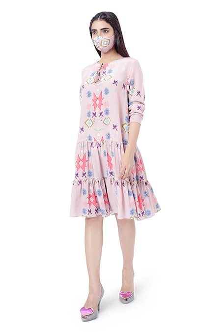 PS Pret By Payal Singhal_Pink Crepe Ikat Star Prints Round Frill Dress _Online_at_Aza_Fashions