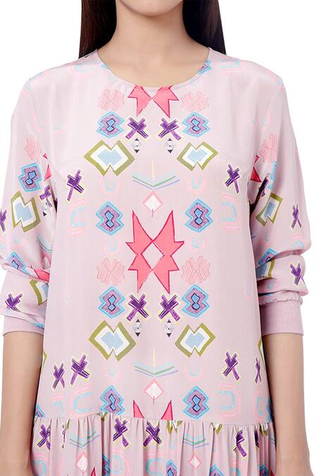 Buy_PS Pret By Payal Singhal_Pink Crepe Ikat Star Prints Round Frill Dress _Online_at_Aza_Fashions