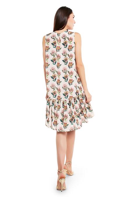 Shop_PS Pret By Payal Singhal_Beige Art Crepe Retro Floral Motifs Round Flower Print Frill Dress _at_Aza_Fashions