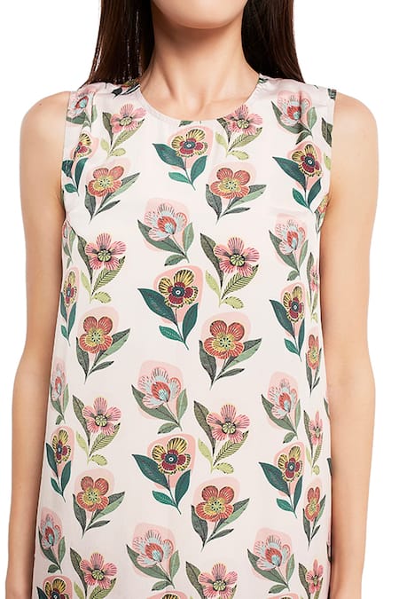Buy_PS Pret By Payal Singhal_Beige Art Crepe Retro Floral Motifs Round Flower Print Frill Dress _Online_at_Aza_Fashions