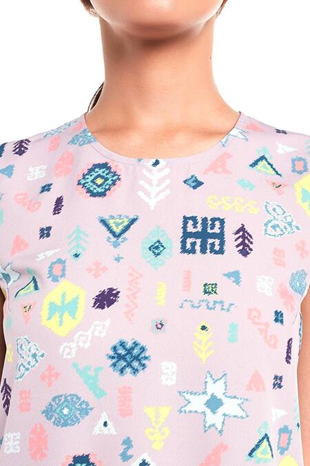 Buy_PS Pret By Payal Singhal_Purple Art Crepe Bandhani Kilim Prints Round Frill Dress _Online_at_Aza_Fashions