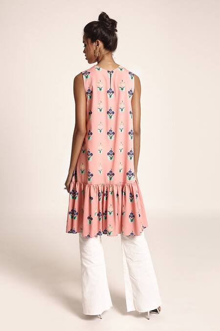 Shop_PS Pret by Payal Singhal_Peach Art Crepe Printed Neela Butta Round Frill Tunic _at_Aza_Fashions