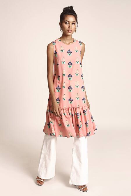 PS Pret by Payal Singhal_Peach Art Crepe Printed Neela Butta Round Frill Tunic _Online_at_Aza_Fashions