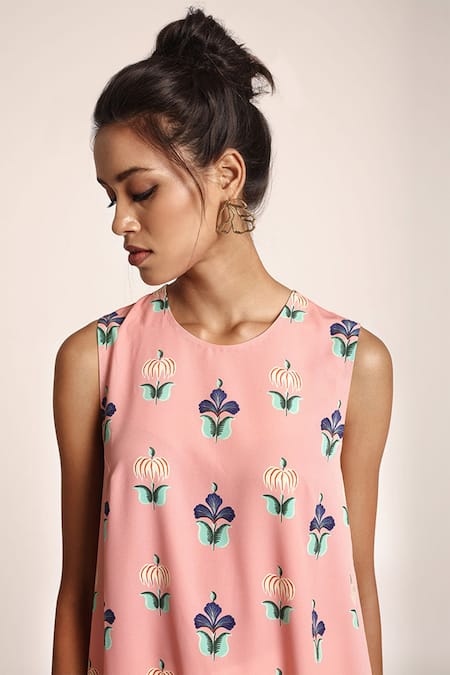 Buy_PS Pret by Payal Singhal_Peach Art Crepe Printed Neela Butta Round Frill Tunic _Online_at_Aza_Fashions