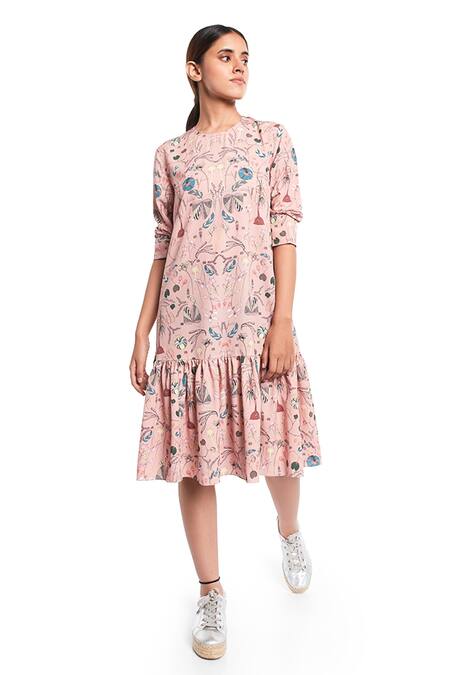PS Pret by Payal Singhal_Peach Art Crepe Printed Forest Round Frill Dress _Online_at_Aza_Fashions
