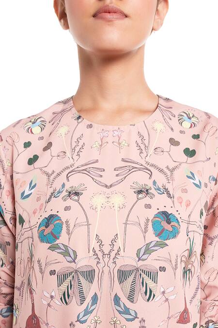 Buy_PS Pret by Payal Singhal_Peach Art Crepe Printed Forest Round Frill Dress _Online_at_Aza_Fashions