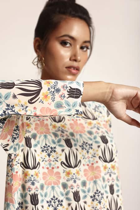 PS Pret By Payal Singhal_Beige Art Crepe Printed Tulip Garden Round Frill Tunic_Online_at_Aza_Fashions