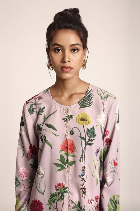 PS Pret By Payal Singhal Purple Art Crepe Printed Bageecha Round Cowl Tunic Online at Aza Fashions PS Pret By Payal Singhal_Purple Art Crepe Printed Bageecha Round Cowl Tunic_Online_at_Aza_Fashions