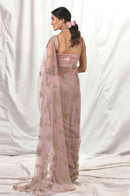 Shop Priyal Bhardwaj Pink Saree Net And Blouse Satin Resham, Zari & Embroidered With Sleeveless at Aza Fashions Shop_Priyal Bhardwaj_Pink Saree Net And Blouse Satin Resham, Zari & Embroidered With Sleeveless _at_Aza_Fashions