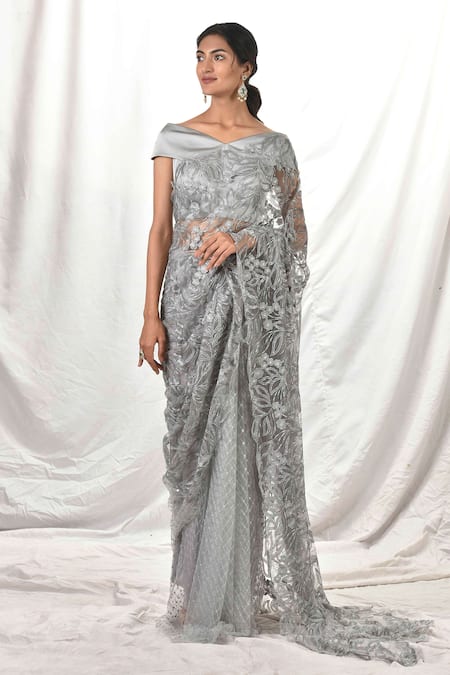 Net Zari Grey Saree