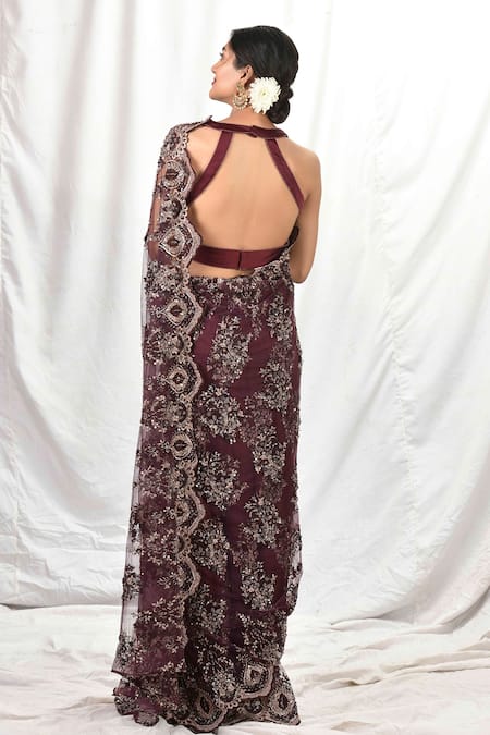 Shop_Priyal Bhardwaj_Wine Saree Net And Blouse Satin Crystal, Resham, Aari, Diamond Embroidered With _at_Aza_Fashions