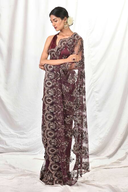 Priyal Bhardwaj_Wine Saree Net And Blouse Satin Crystal, Resham, Aari, Diamond Embroidered With _Online_at_Aza_Fashions