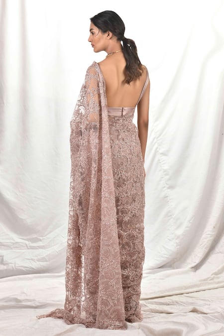 Shop Priyal Bhardwaj Purple Saree Net And Blouse Satin Cutdana & Thread, Embroidered With Sleeveless at Aza Fashions Shop_Priyal Bhardwaj_Purple Saree Net And Blouse Satin Cutdana & Thread, Embroidered With Sleeveless _at_Aza_Fashions