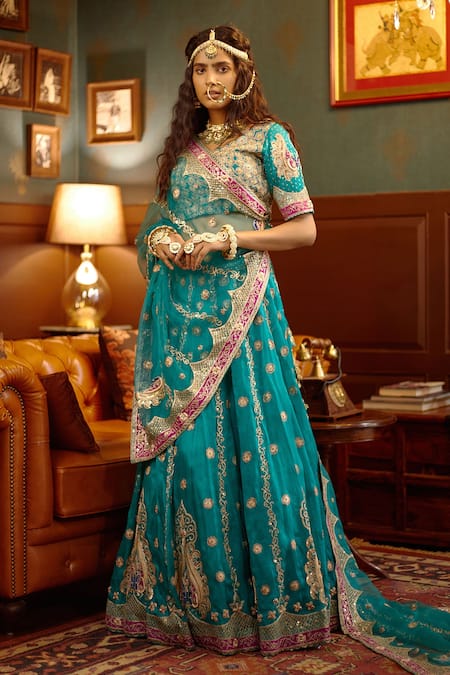 Turquoise Blue Chinon Silk Sequins Embroidered Work Lehenga