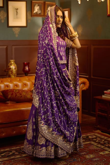 Pratibha Sultania Purple Satin Lining Cotton Embellished V Neck Lehenga Set 