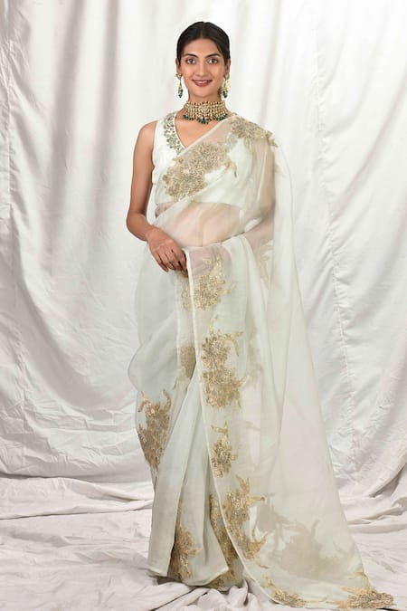 Banarasee/Banarasi Art Silk Sari -Off White And Green